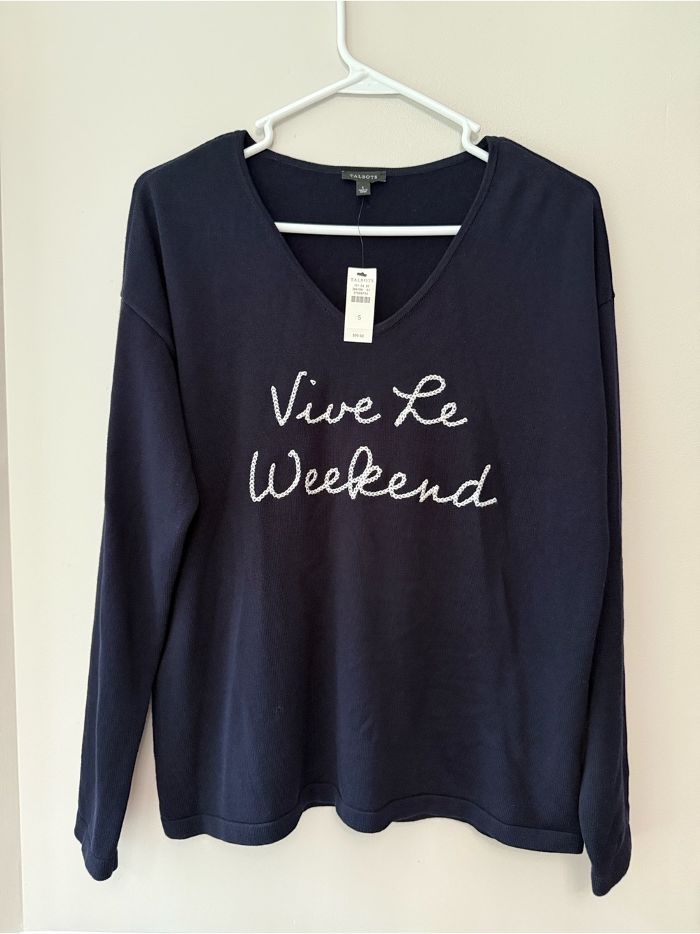 Talbots  V-Neck 'Vive Le Weekend' Dark Indigo Pullover Size S